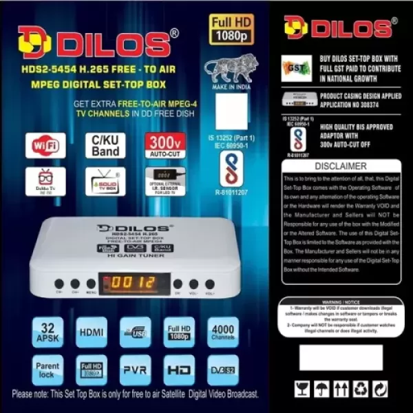 Dilos 5454 HEVC Full HD MPEG-4 WiFi FTA DVB-S2 Digital Set-Top Box Dilos 5454 HEVC Full HD MPEG-4 WiFi FTA DVB-S2 Digital Set-Top Box